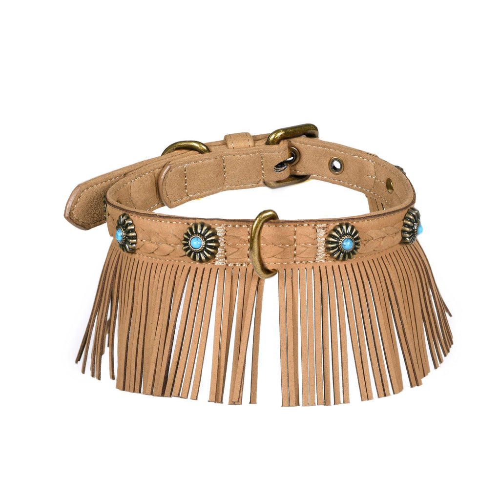 Blueberry Pet Silver-Powered Freshness Microfiber Suede Dog Collar – Fringed Style with Turquoise Studs