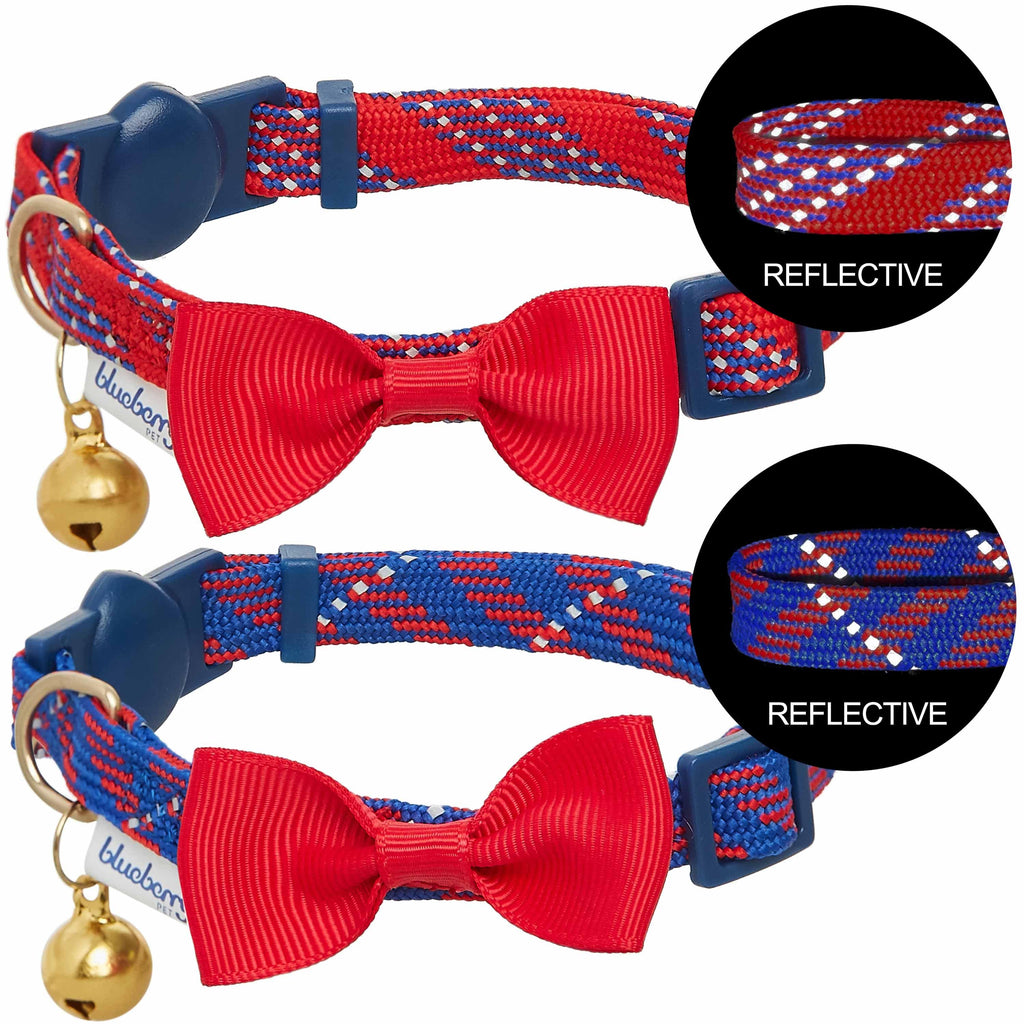 Cat Collar Blueberry Pet Reflective Striped Cat Collar Navy Blue and True Red / 9"-13" Neck